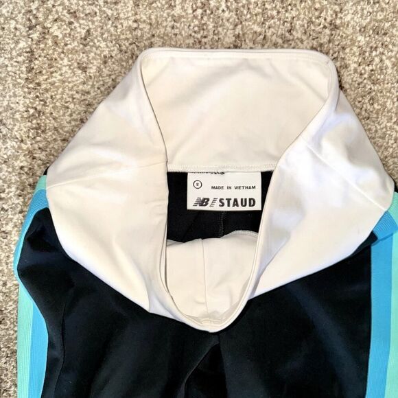 New Balance Women's Staud Striped Stretch Athletic Legging Pants in Black/Blue - Picture 2 of 7